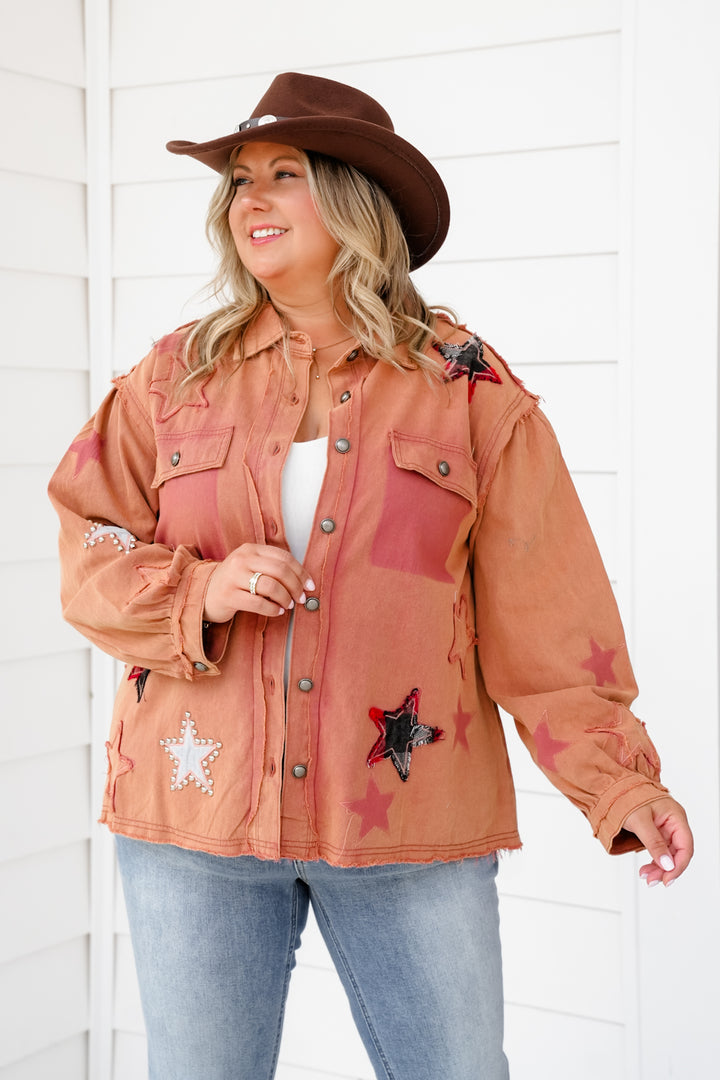 POL Long Sleeve Button Down Shacket with Star Detail