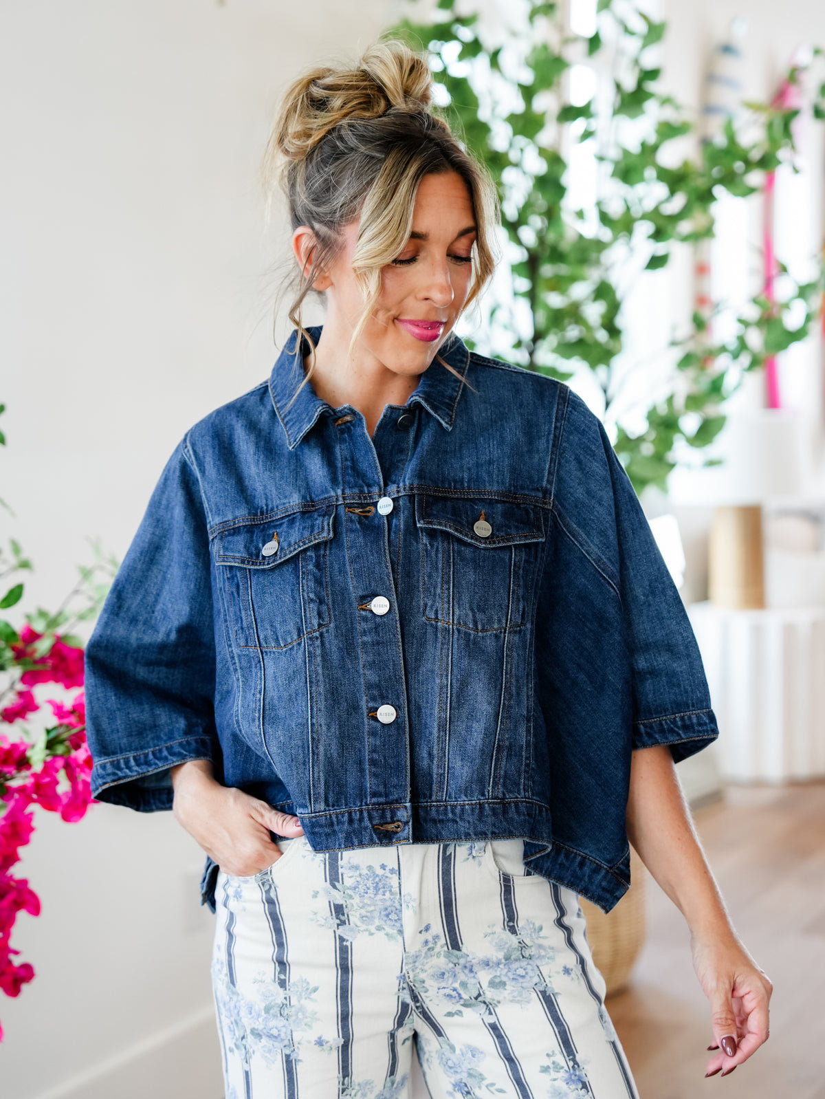 Plus/Reg Risen Dark Wash Button Down Cape Jacket - Freckled Poppy