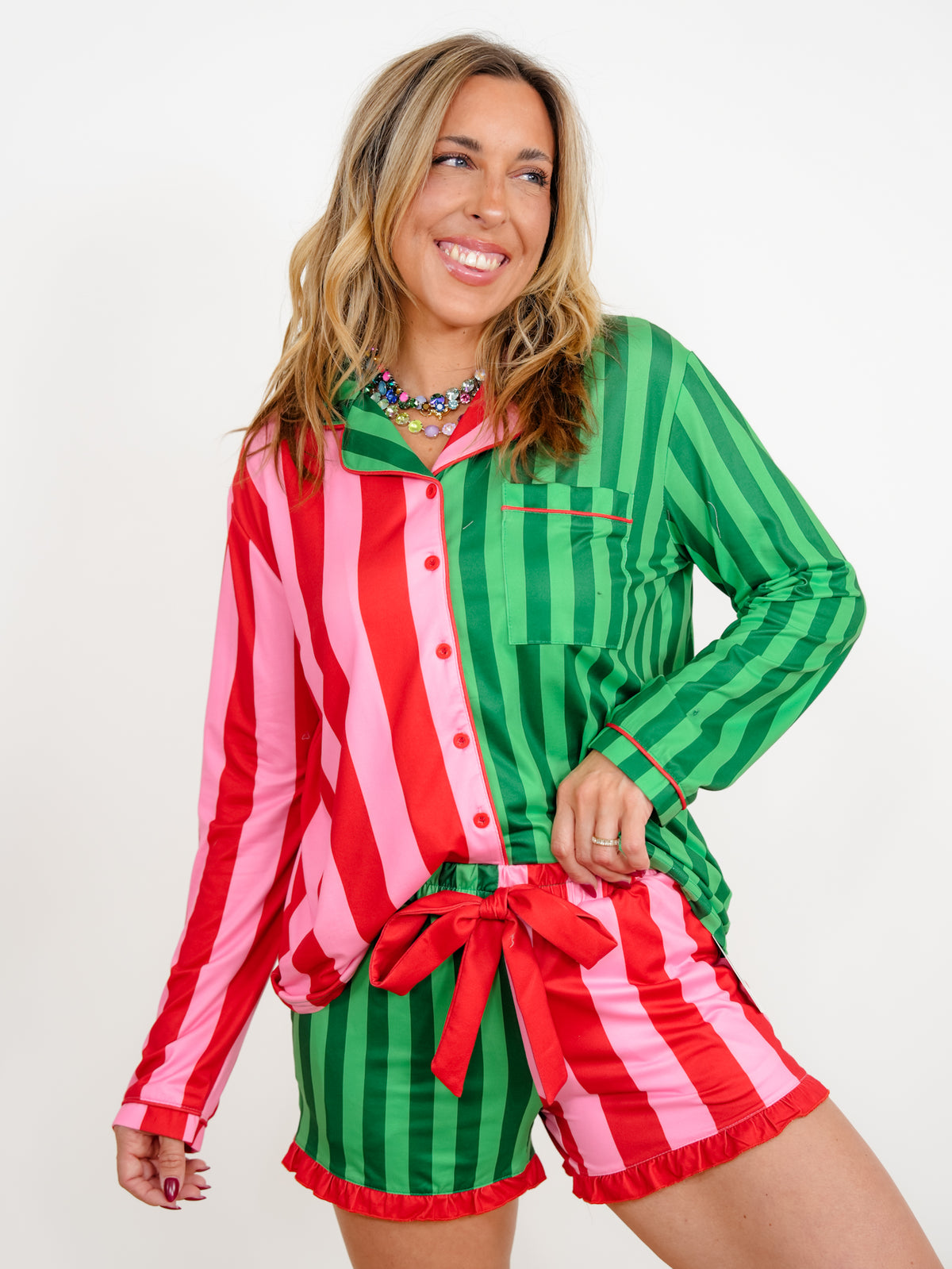 Plus/Reg JESS LEA Color Block Festive Stripes Top and Shorts Lounge Set