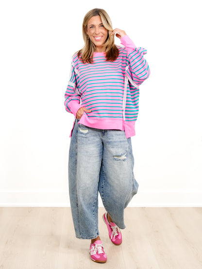Plus/Reg Long Sleeve Stripe Print Sweatshirt With Exposed Seam