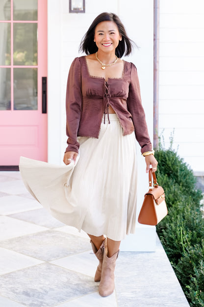 Square Neck Front Tie Long Sleeve Top with Lace Trim