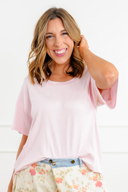 POL Solid Short Sleeve High Low Top