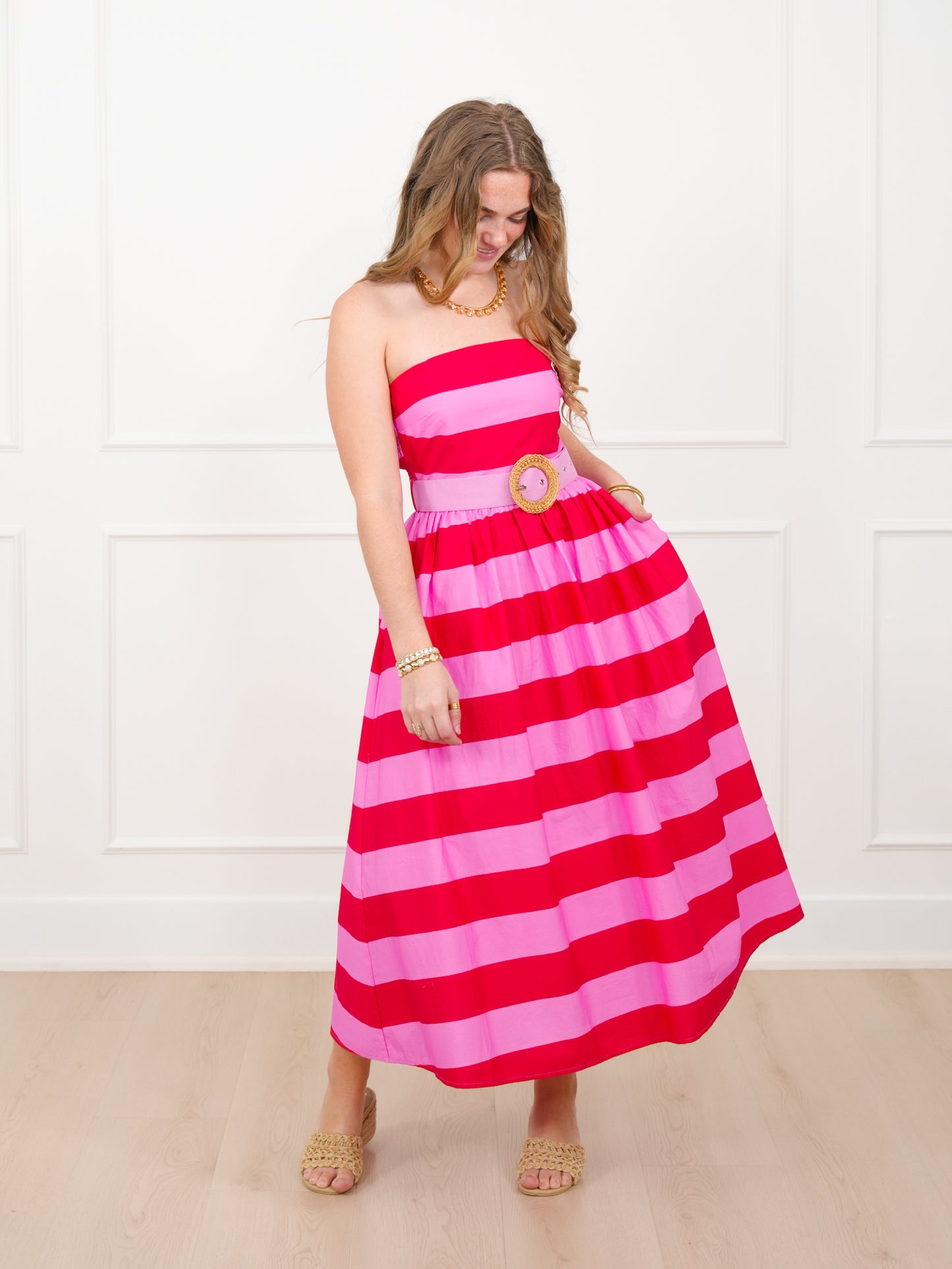 Stripe Strapless Midi Dress With Waistband Belt