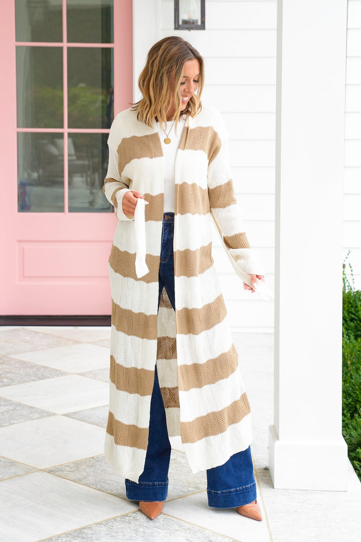 POL Stripe Pattern Long Sleeve Maxi Cardigan Sweater