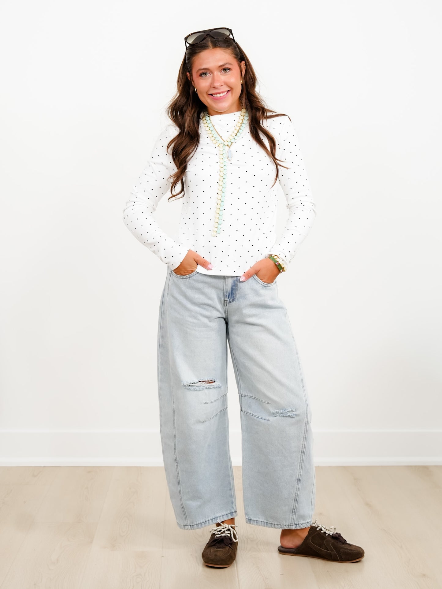 Polka Dot Long Sleeve Mock Neck Top - Freckled Poppy