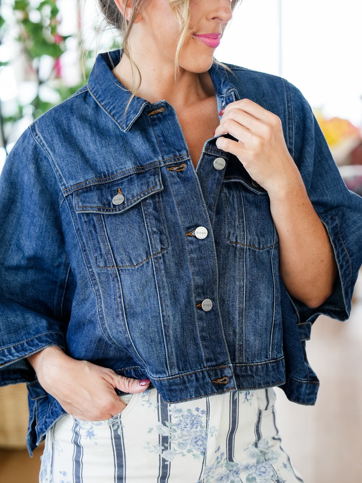 Plus/Reg Risen Dark Wash Button Down Cape Jacket - Freckled Poppy