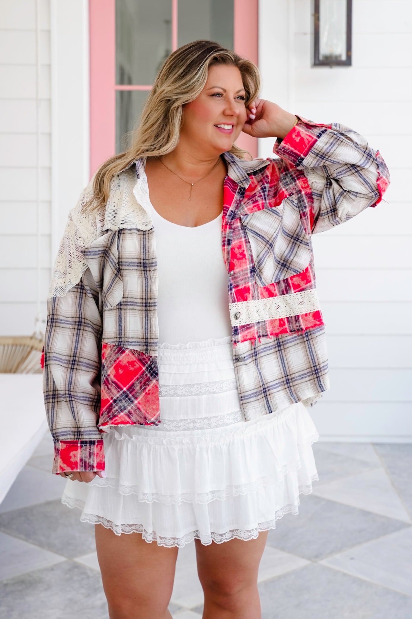POL Plaid and Lace Long Sleeve Button Down Shacket