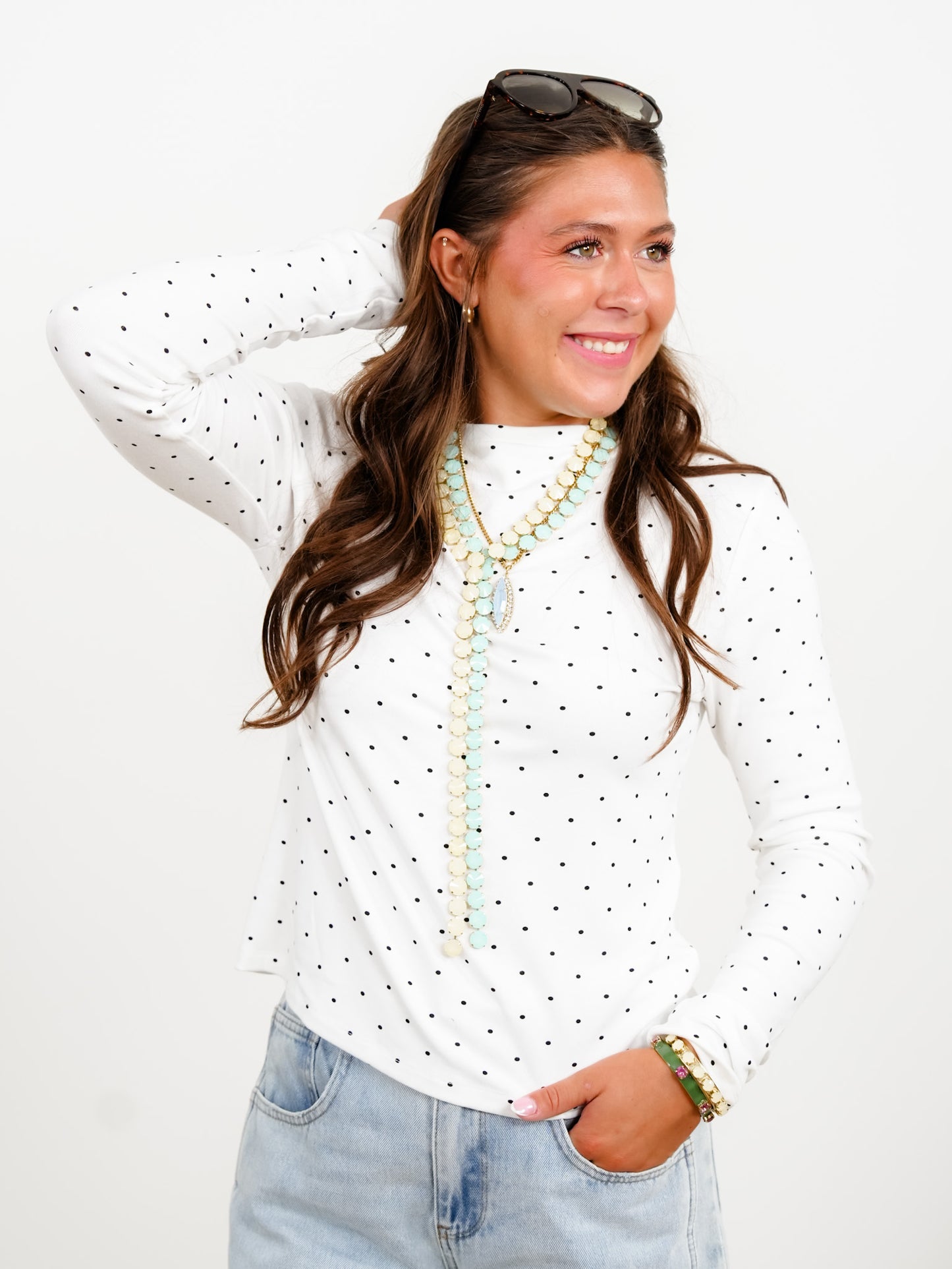 Polka Dot Long Sleeve Mock Neck Top - Freckled Poppy