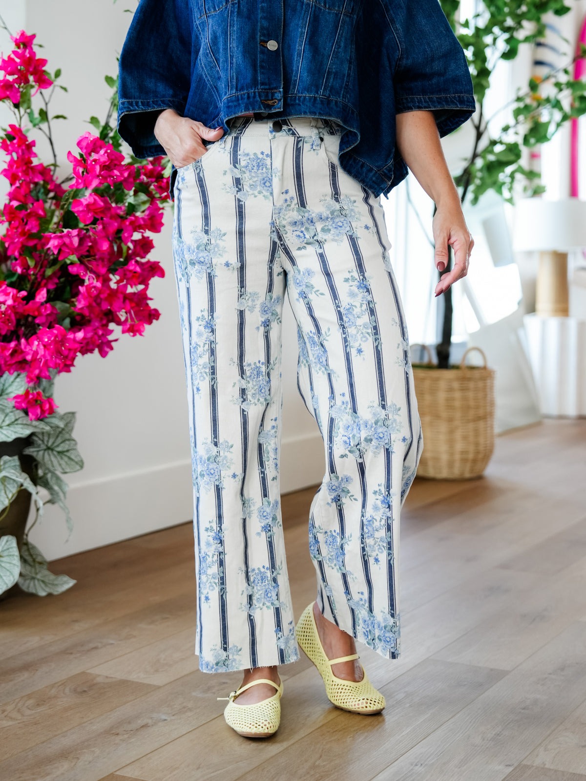 High Rise Floral & Stripe Print Wide Leg Pants - Freckled Poppy