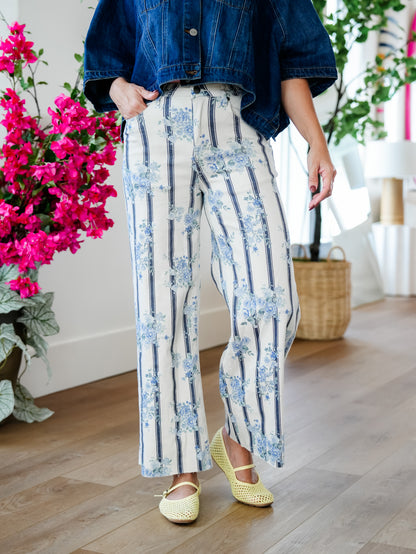 High Rise Floral & Stripe Print Wide Leg Pants - Freckled Poppy