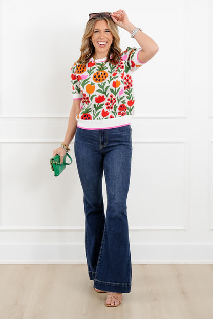 Floral Print Short Sleeve Sweater