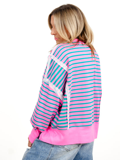 Plus/Reg Long Sleeve Stripe Print Sweatshirt With Exposed Seam
