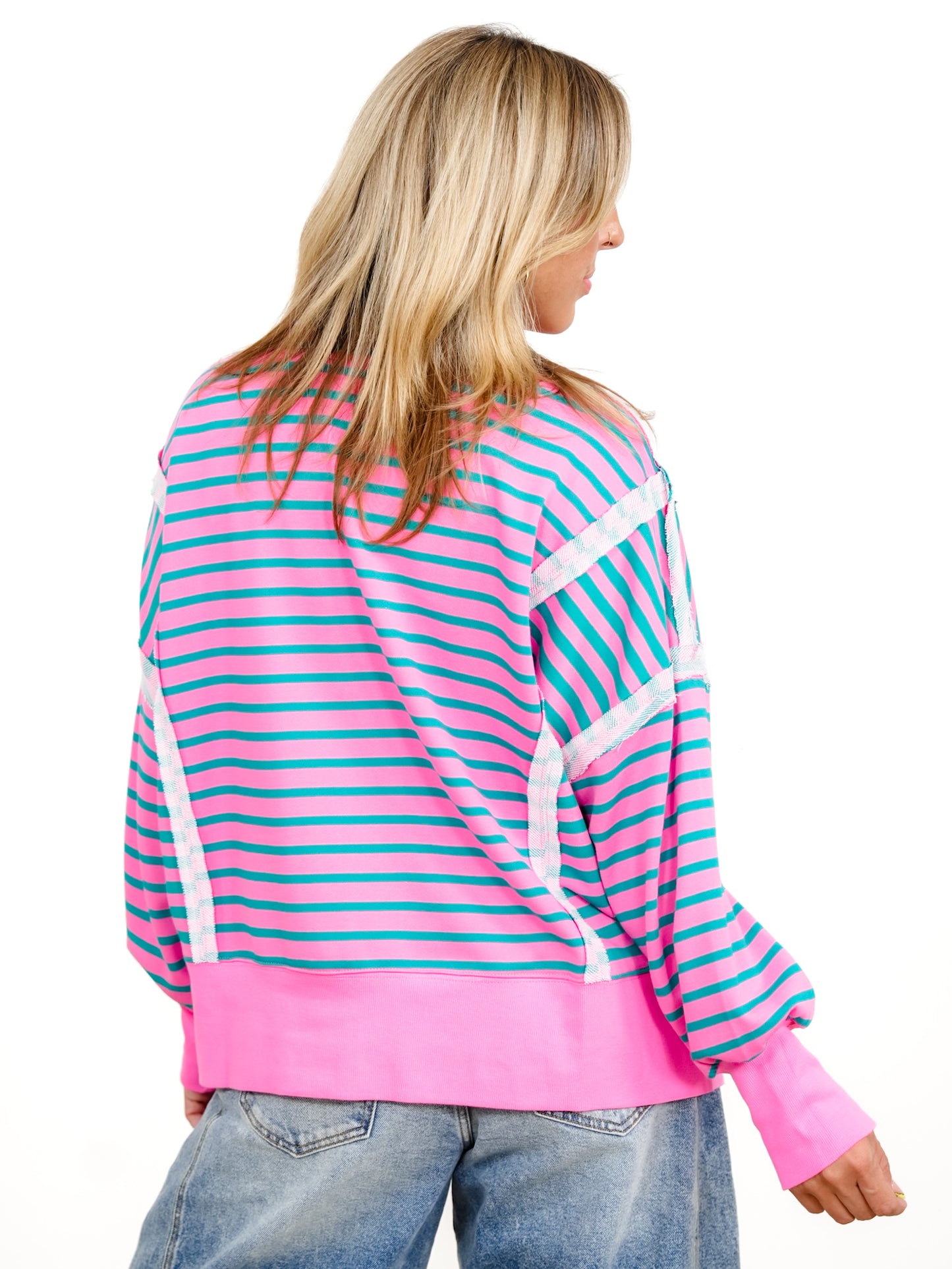 Plus/Reg Long Sleeve Stripe Print Sweatshirt With Exposed Seam