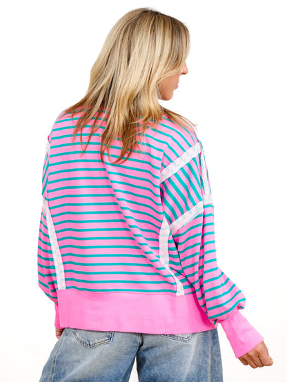 Plus/Reg Long Sleeve Stripe Print Sweatshirt With Exposed Seam