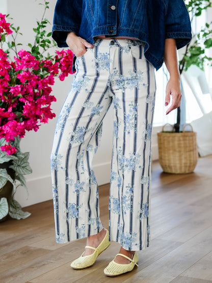 High Rise Floral & Stripe Print Wide Leg Pants - Freckled Poppy