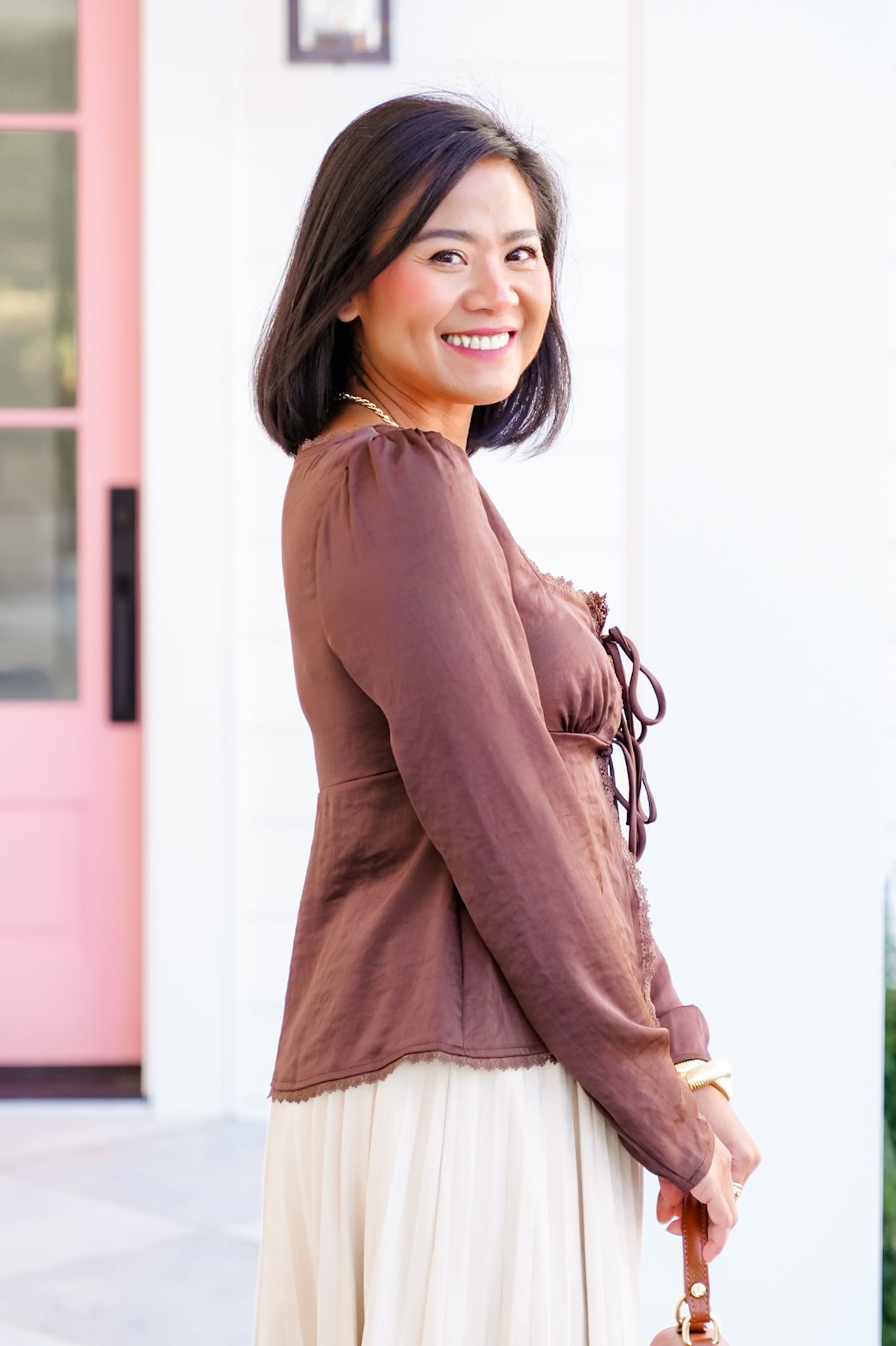 Square Neck Front Tie Long Sleeve Top with Lace Trim