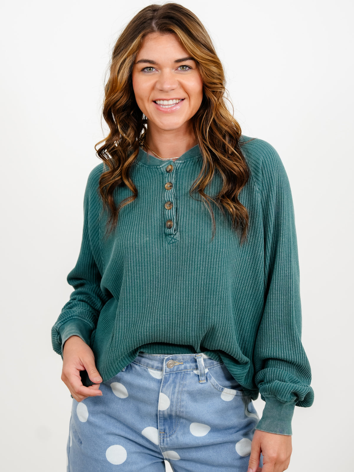 Door Buster! Mineral Wash Waffle Knit Button Up Top - Freckled Poppy