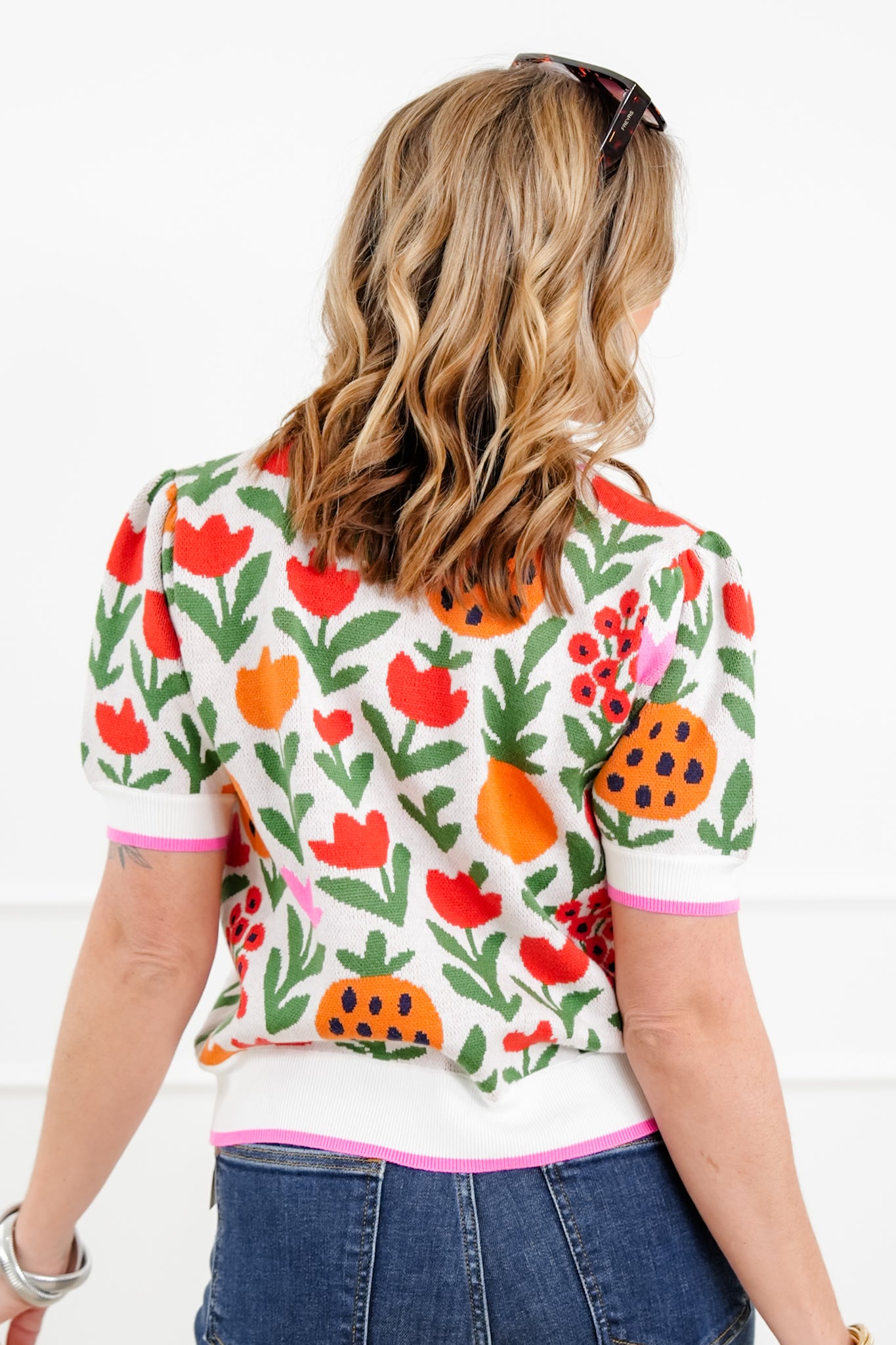 Floral Print Short Sleeve Sweater