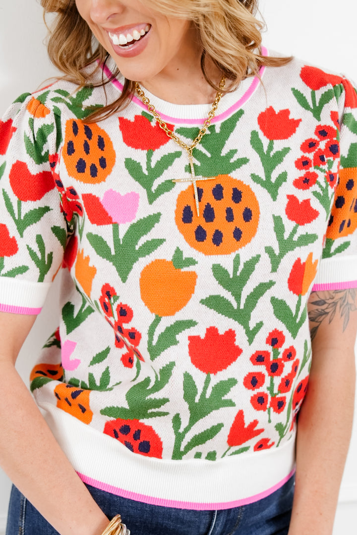 Floral Print Short Sleeve Sweater