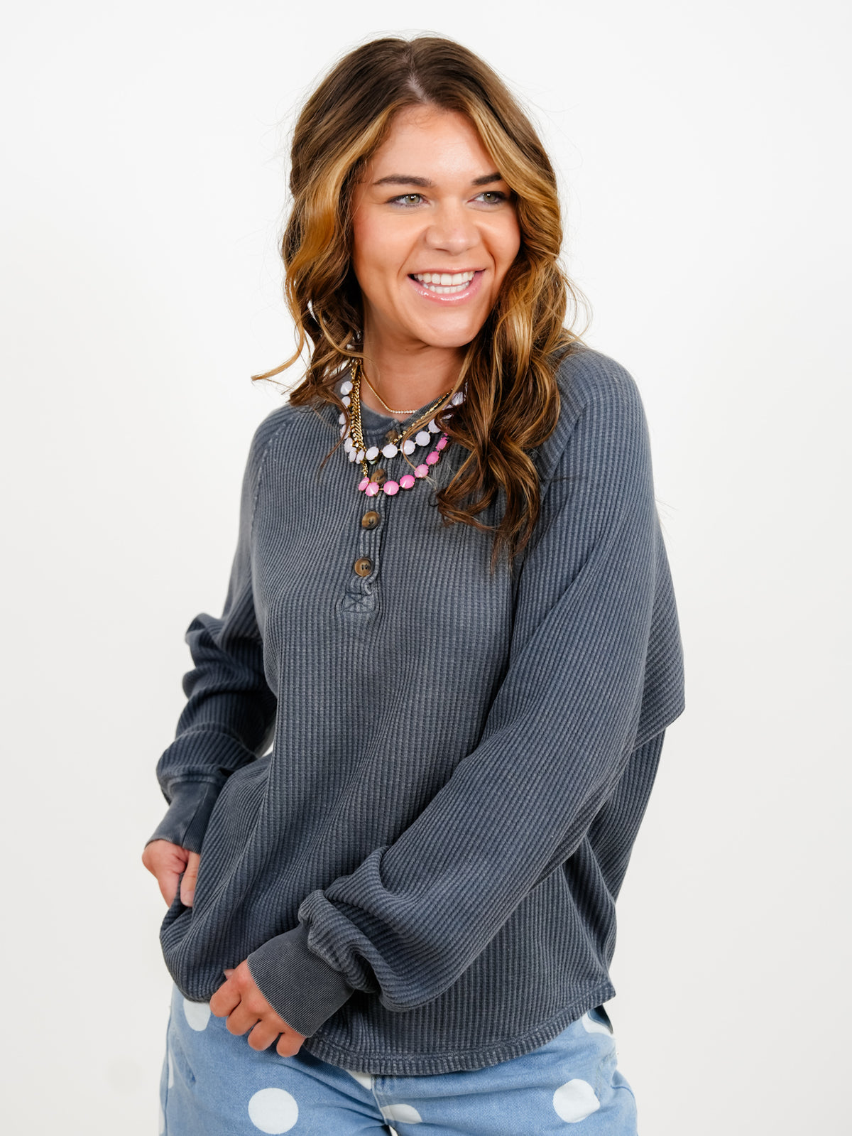 Door Buster! Mineral Wash Waffle Knit Button Up Top - Freckled Poppy