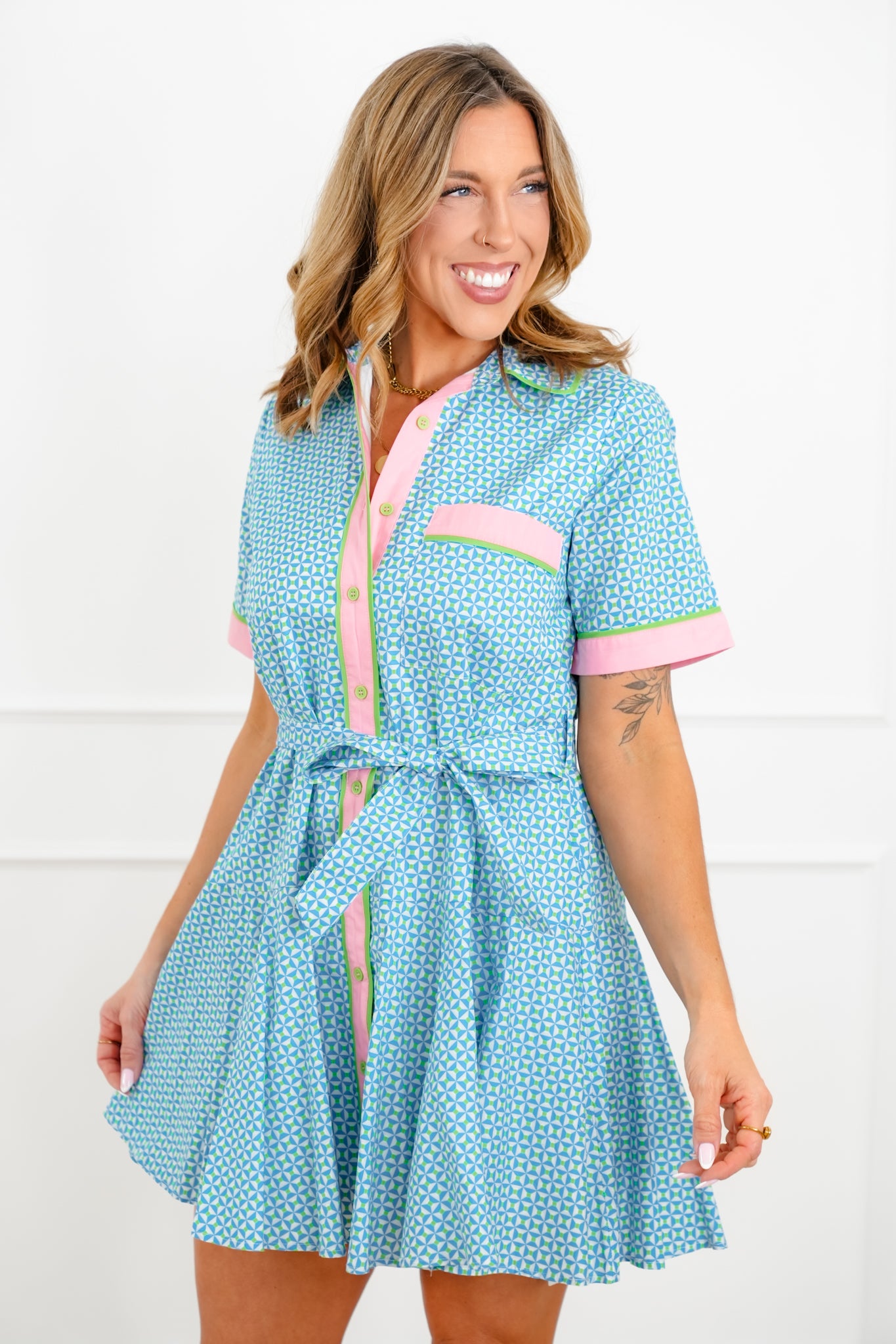 Geometric Print Short Sleeve Button Down Mini Dress