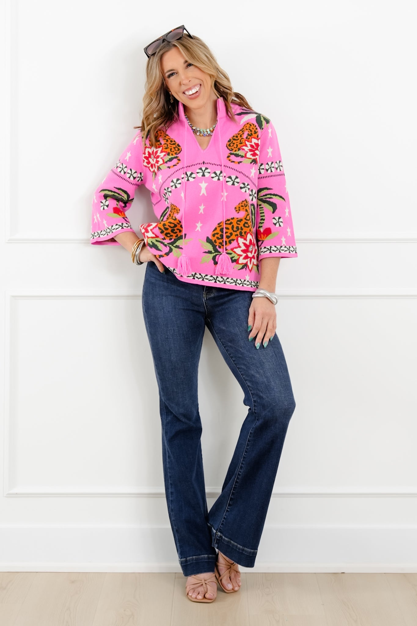 Mixed Print 3/4 Sleeve Pullover Sweater
