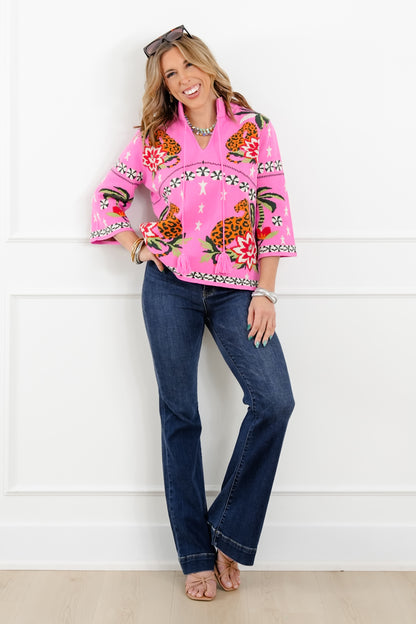 Mixed Print 3/4 Sleeve Pullover Sweater