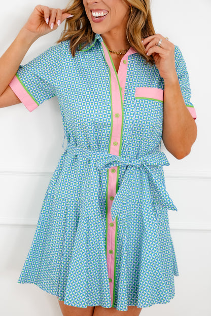 Geometric Print Short Sleeve Button Down Mini Dress
