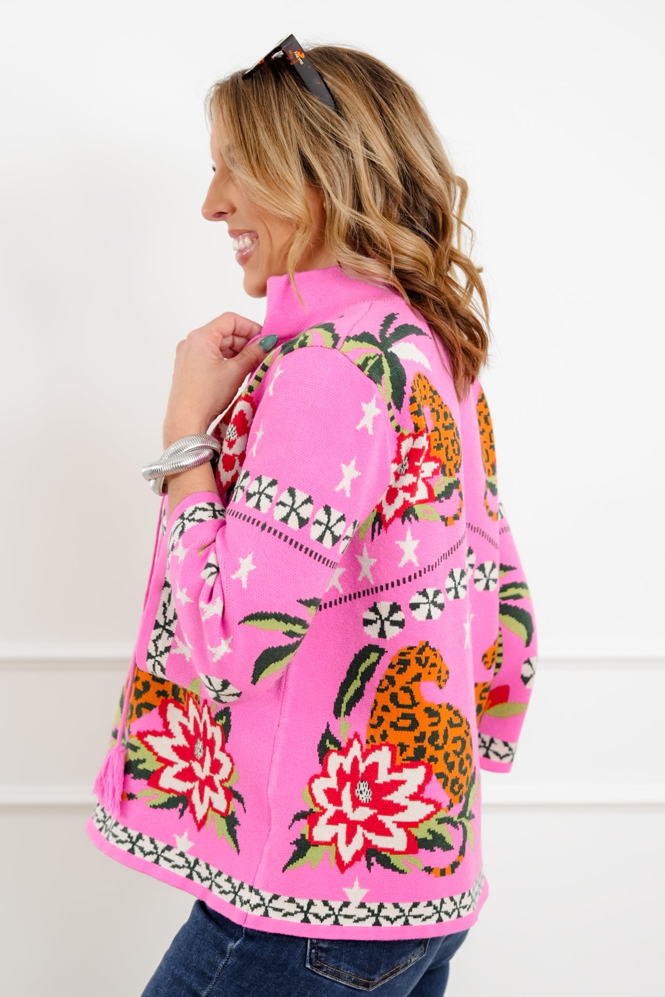 Mixed Print 3/4 Sleeve Pullover Sweater