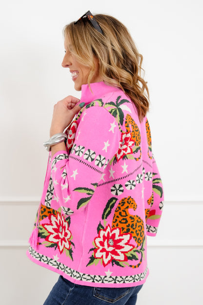 Mixed Print 3/4 Sleeve Pullover Sweater