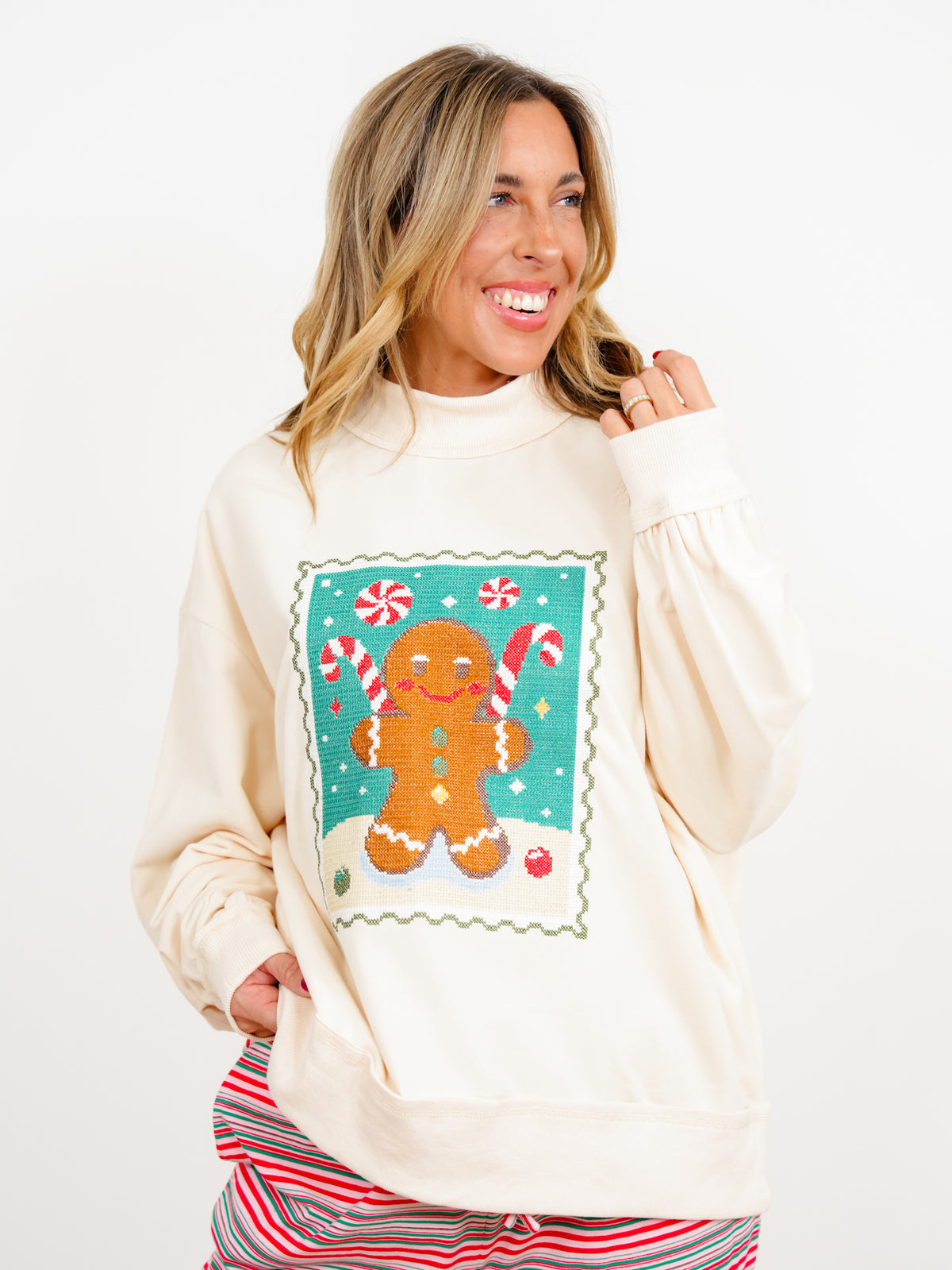 Cross Stitch Ginger Bread Man Long Sleeve Mock Neck Sweatshirt
