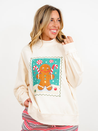 Cross Stitch Ginger Bread Man Long Sleeve Mock Neck Sweatshirt