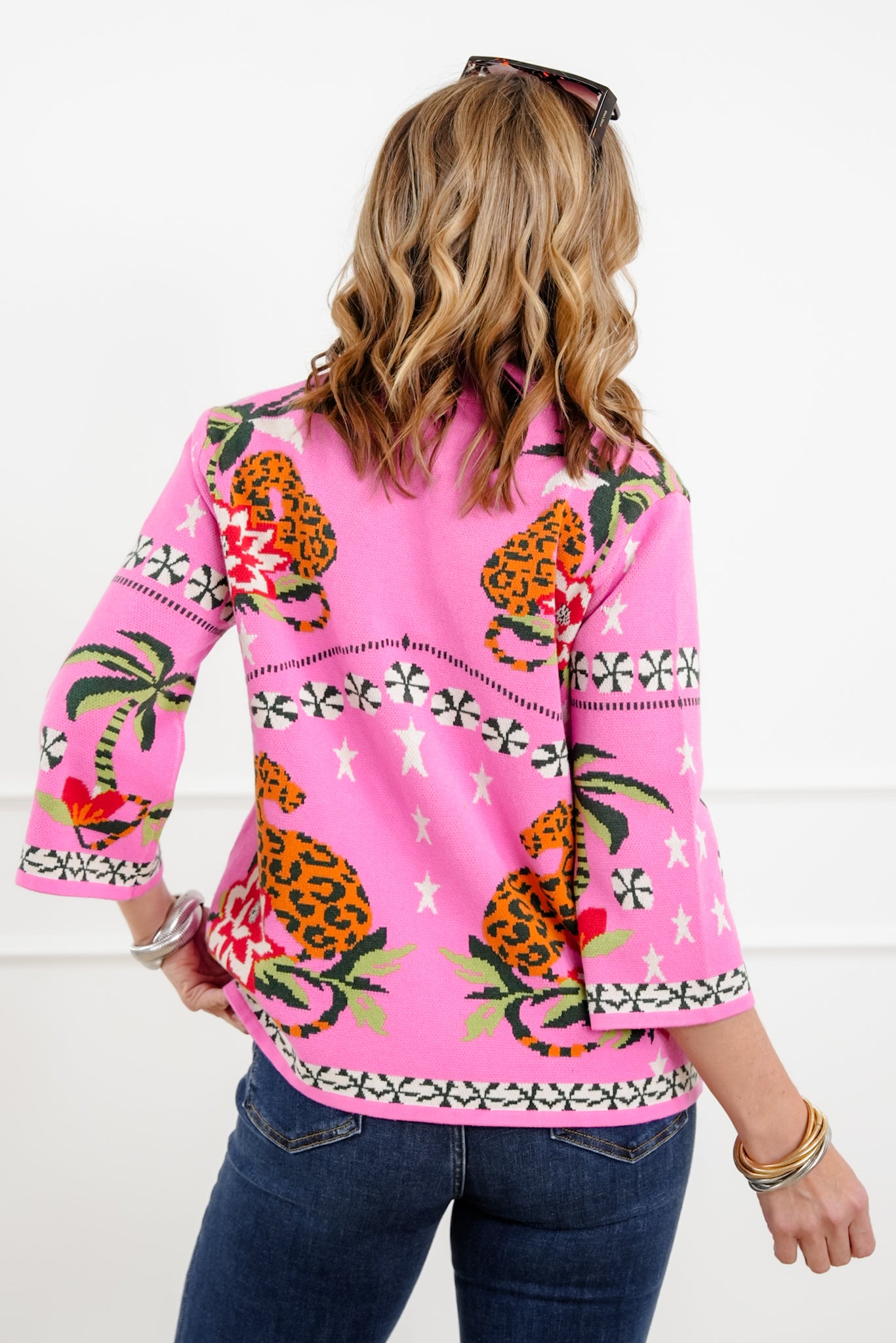 Mixed Print 3/4 Sleeve Pullover Sweater