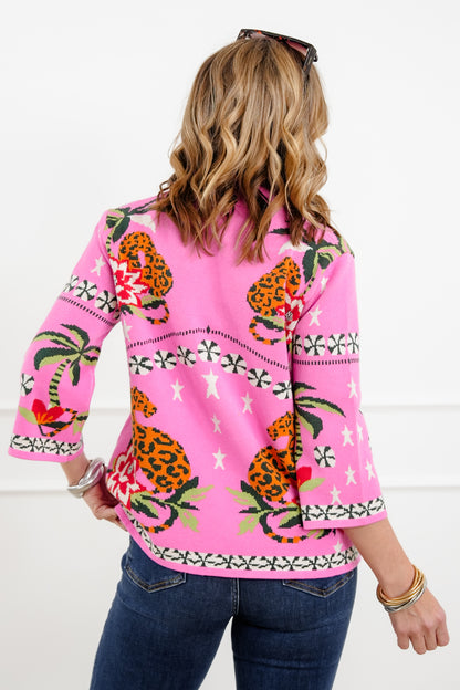 Mixed Print 3/4 Sleeve Pullover Sweater