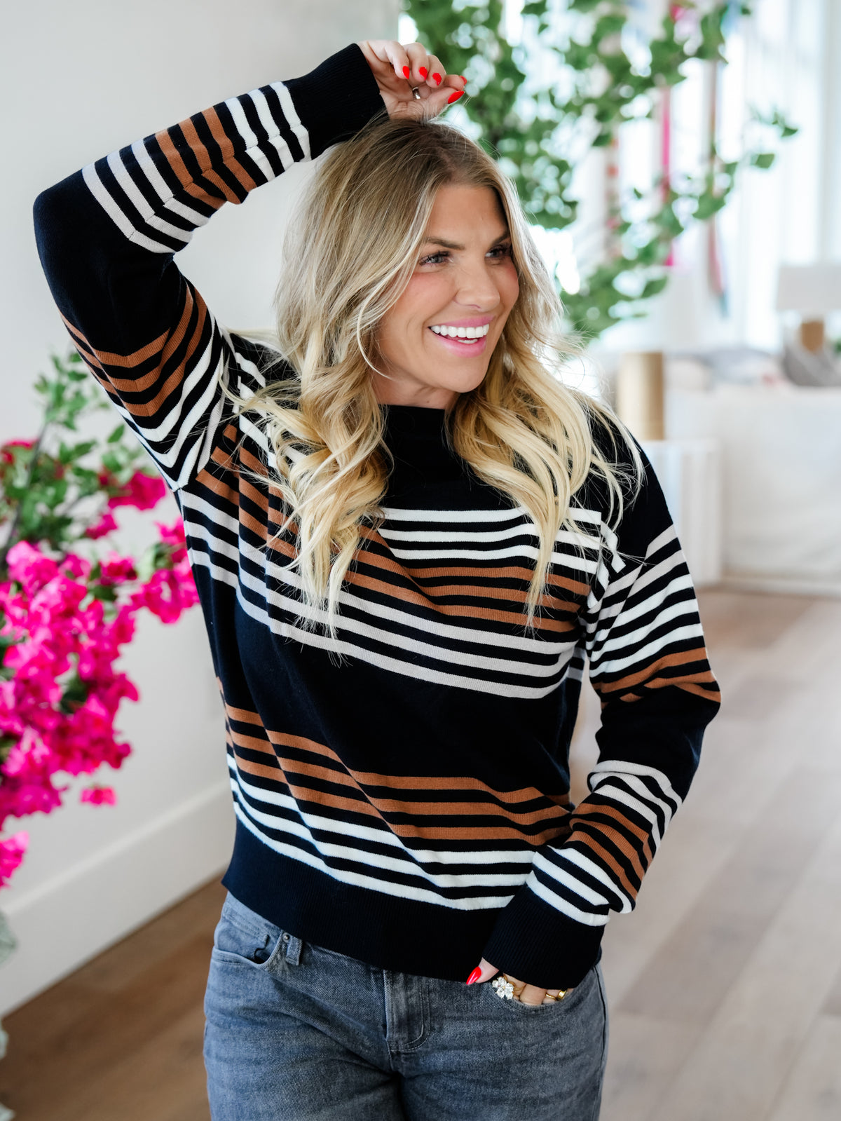 Multi Color Stripe Long Sleeve Boat Neck Sweater