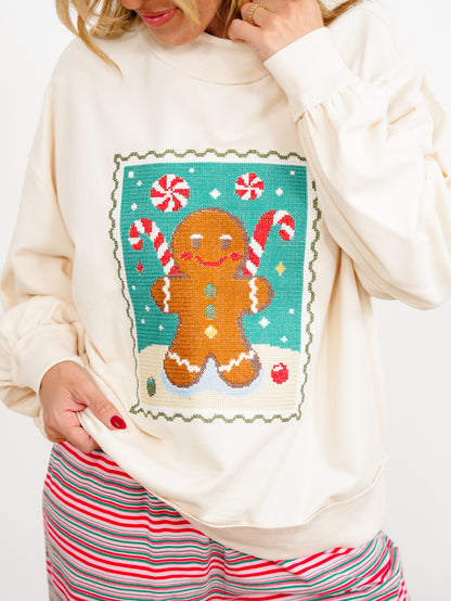 Cross Stitch Ginger Bread Man Long Sleeve Mock Neck Sweatshirt