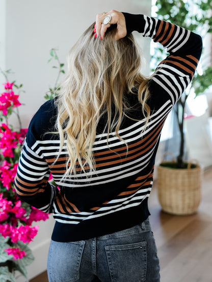 Multi Color Stripe Long Sleeve Boat Neck Sweater