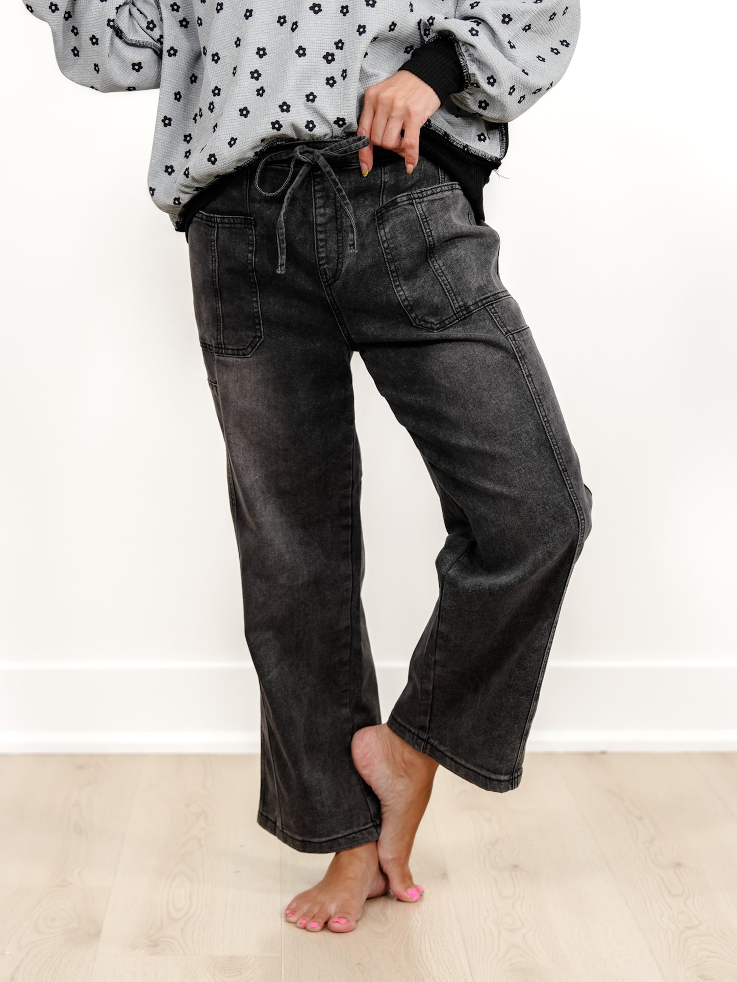 Washed Wide Leg Pants With Drawstring