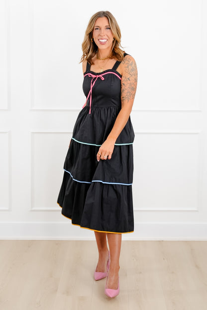 Plus/Reg Poplin Sleeveless Sweetheart Neck Tiered Midi Dress