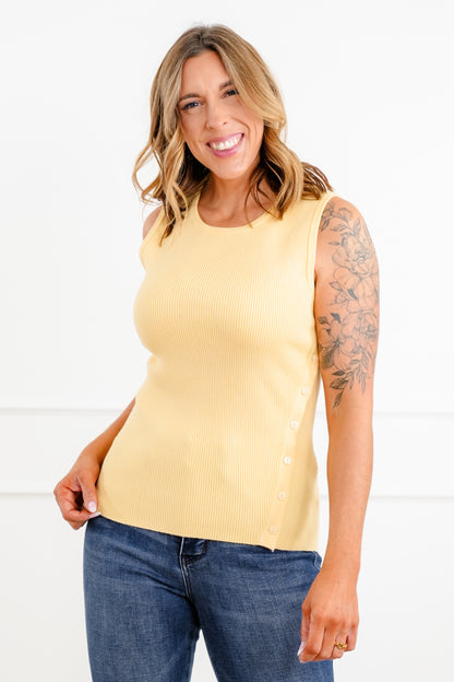 Ribbed Sleeveless Tank Top with Button Accent