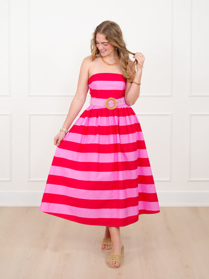 Stripe Strapless Midi Dress With Waistband Belt