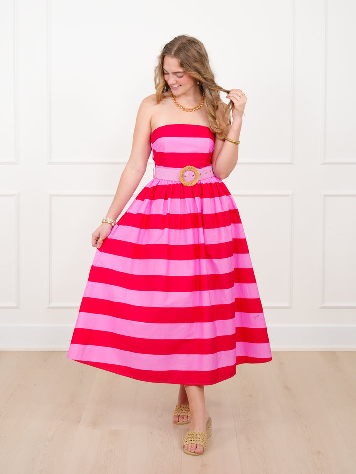 Stripe Strapless Midi Dress With Waistband Belt