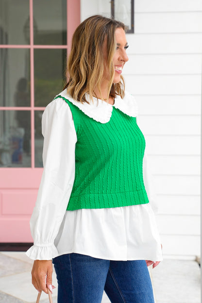 Plus/Reg Long Sleeve Layered Blouse and Sweater Vest