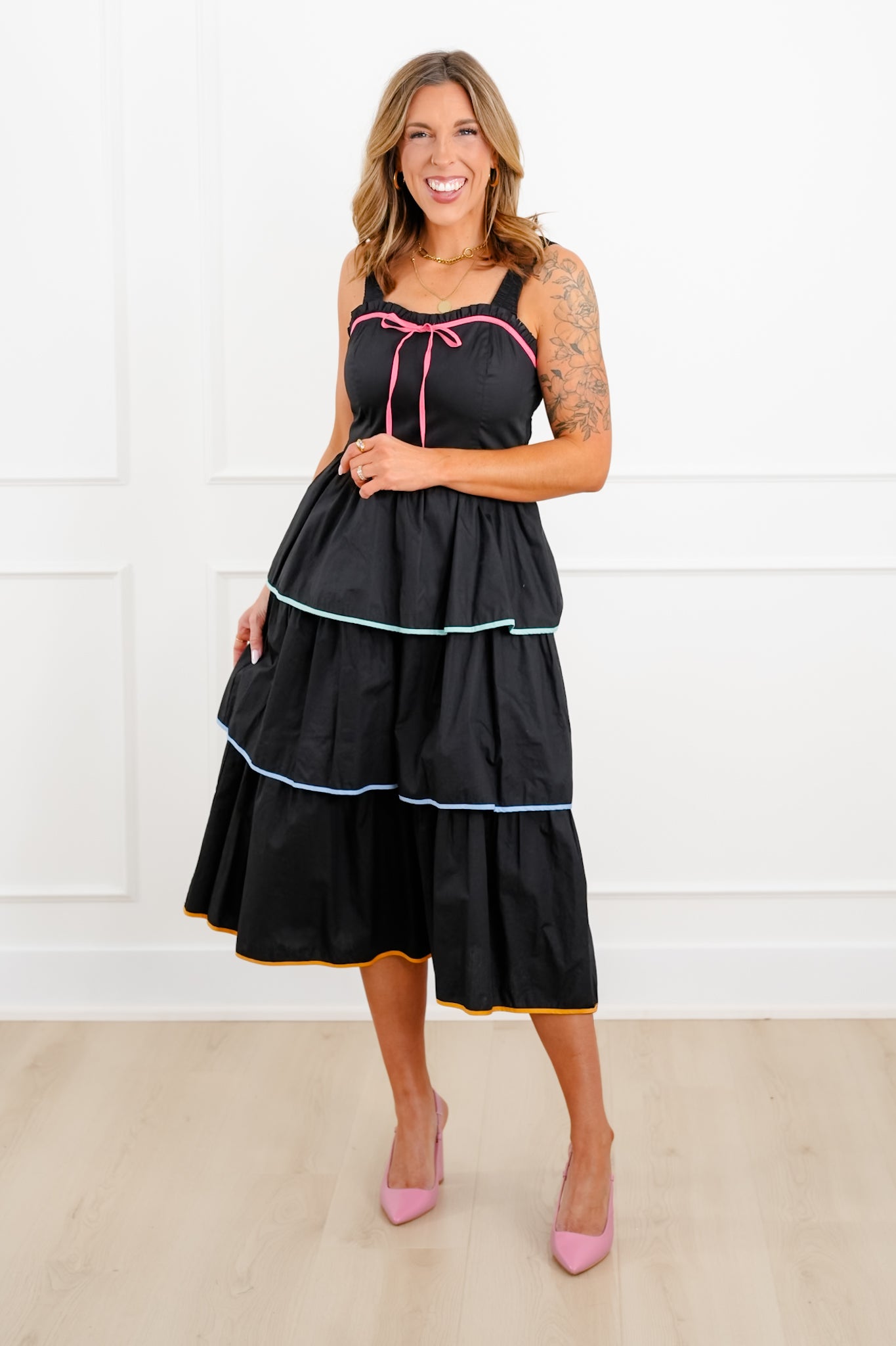 Plus/Reg Poplin Sleeveless Sweetheart Neck Tiered Midi Dress