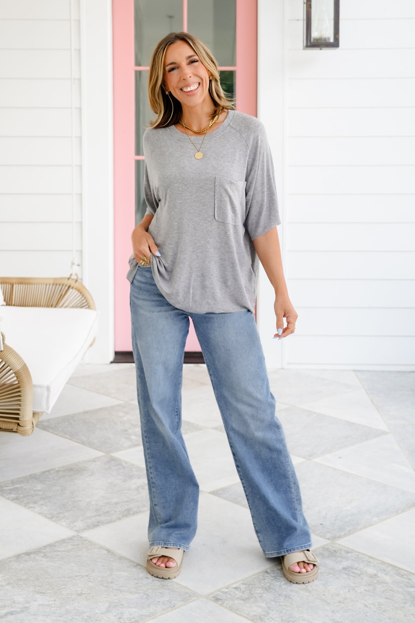 POL Solid Short Sleeve Round Neck Top with Chest Pocket Detail