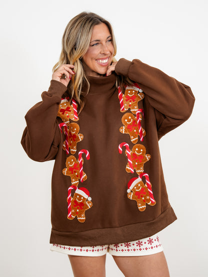 Corduroy Ginger Bread Man Long Sleeve Mock Neck Pullover Sweatshirt