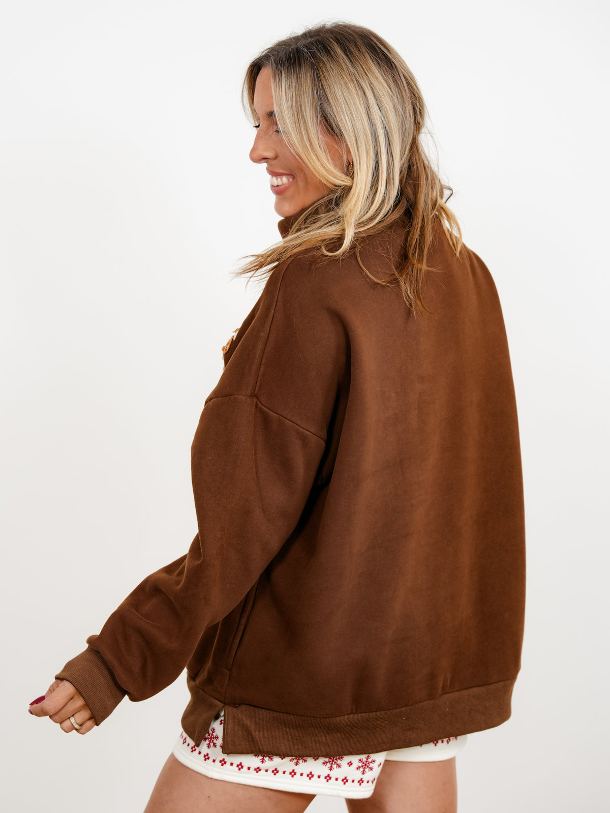 Corduroy Ginger Bread Man Long Sleeve Mock Neck Pullover Sweatshirt