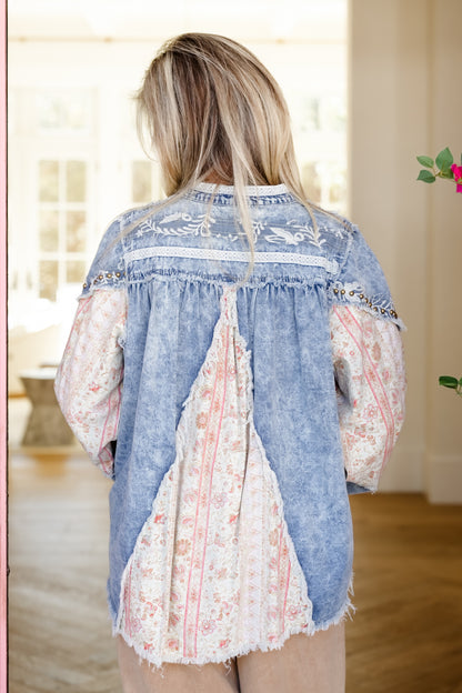 POL Light Wash Long Sleeve Button Up Top with Floral Print