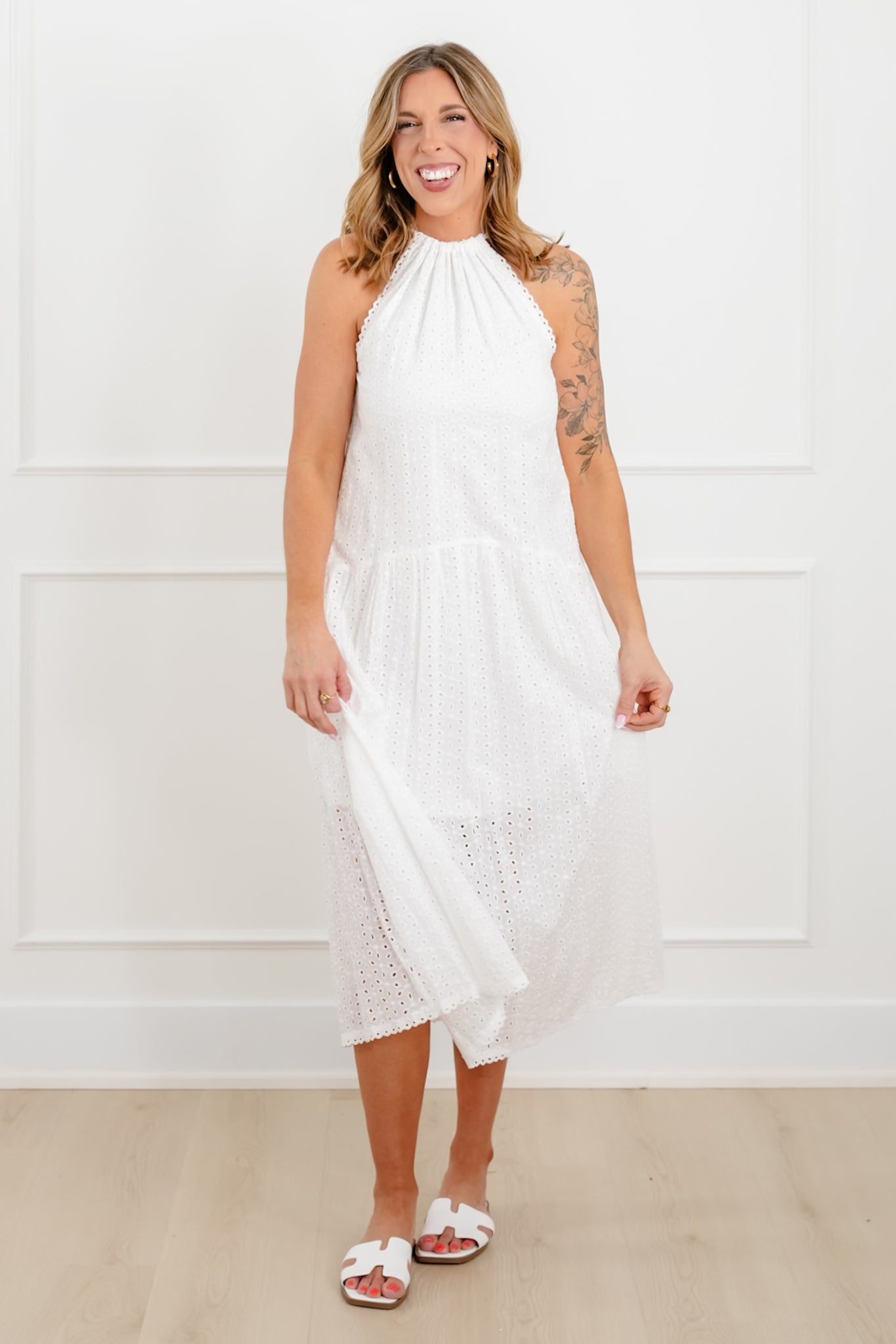 White Eyelet Sleeveless Drop Waist Dress