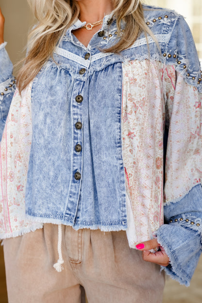 POL Light Wash Long Sleeve Button Up Top with Floral Print